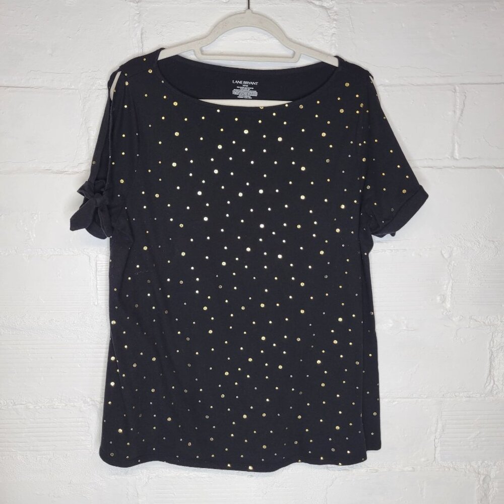 Lane Bryant Women's Size 14/16 Shirt Top Black Gold Polka Dot Short Sleeve